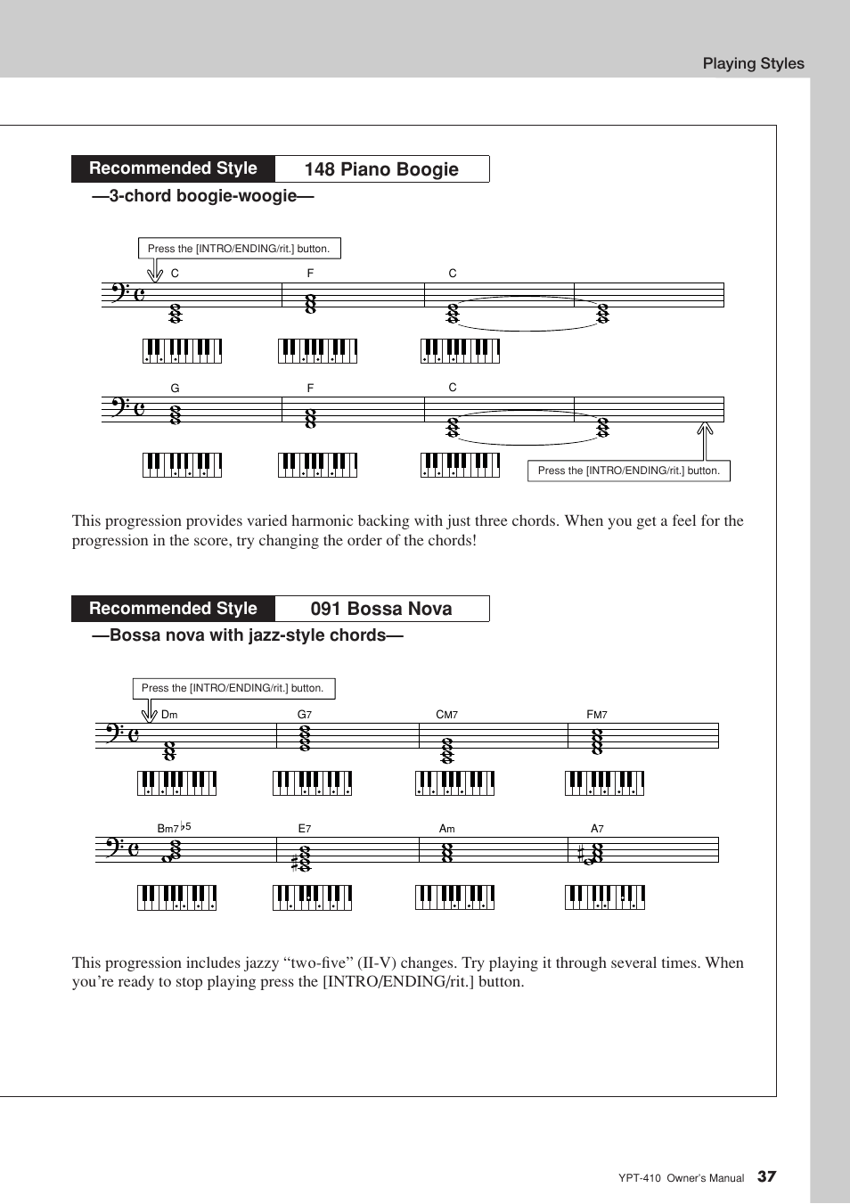 148 piano boogie, 091 bossa nova, Chord boogie-woogie | Bossa nova with jazz-style chords, Recommended style | Yamaha YPT-410 User Manual | Page 37 / 127