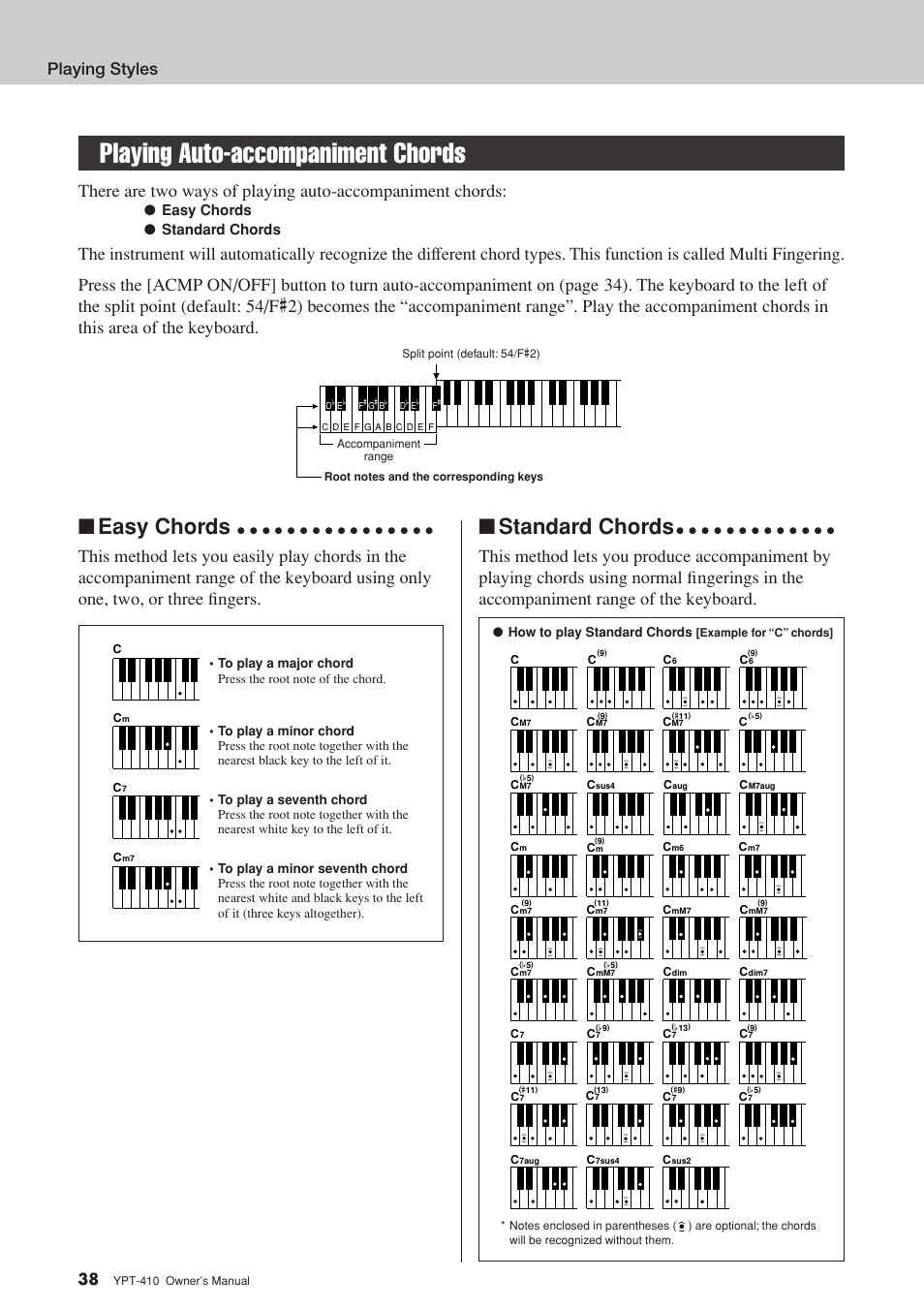 Playing auto-accompaniment chords, Easy chords, Standard chords | Playing styles, Easy chords ● standard chords, How to play standard chords | Yamaha YPT-410 User Manual | Page 38 / 127