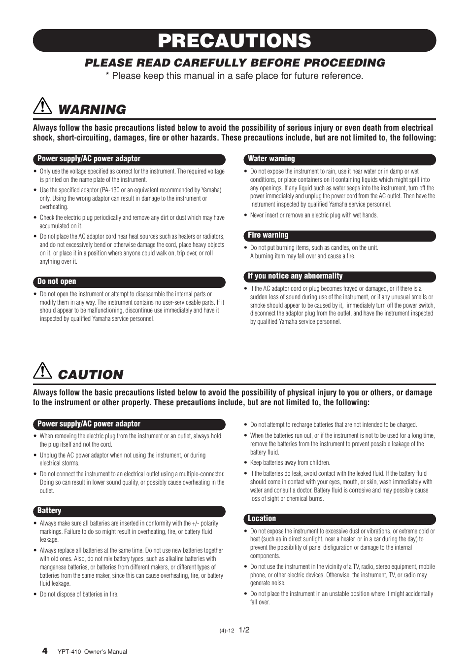 Precautions, Warning, Caution | Please read carefully before proceeding | Yamaha YPT-410 User Manual | Page 4 / 127