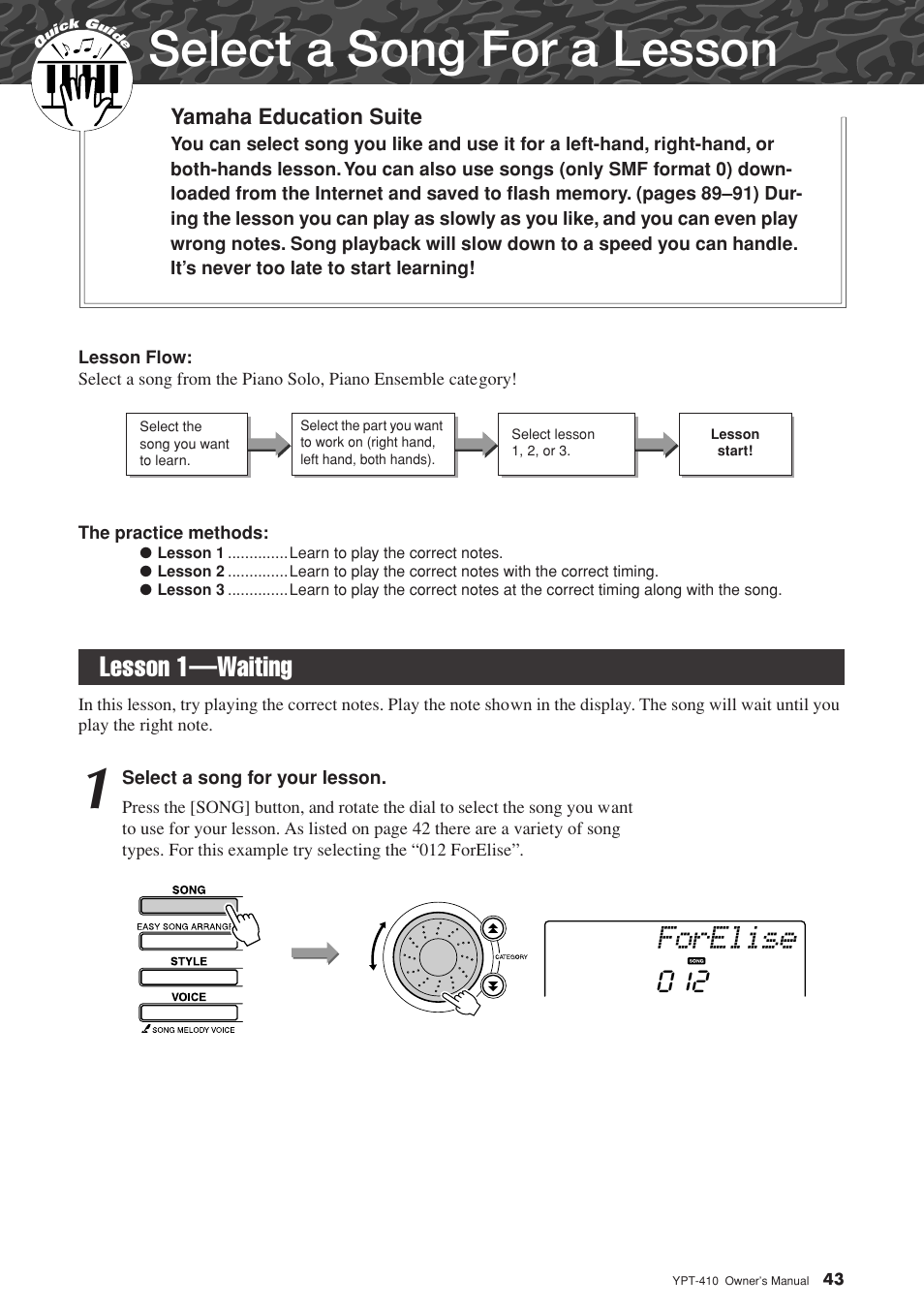 Select a song for a lesson, Lesson 1-waiting, Lesson 1—waiting | Forelise | Yamaha YPT-410 User Manual | Page 43 / 127