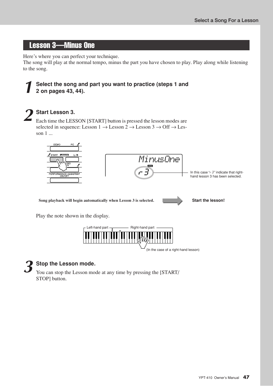 Lesson 3-minus one, Lesson 3—minus one, Minusone | Lesson 3—minus one r3 | Yamaha YPT-410 User Manual | Page 47 / 127
