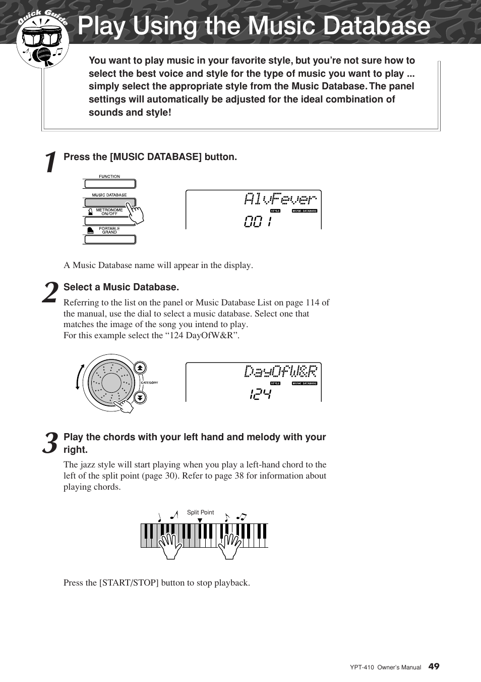 Play using the music database, Alvfever, Dayofw&r | Yamaha YPT-410 User Manual | Page 49 / 127