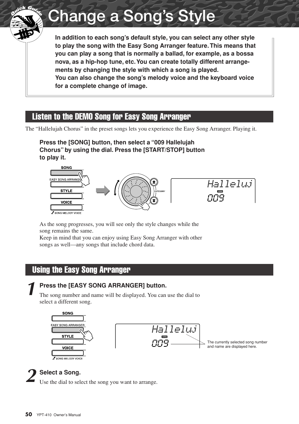 Change a song's style, Listen to the demo song for easy song arranger, Using the easy song arranger | Change a song’s style, Halleluj | Yamaha YPT-410 User Manual | Page 50 / 127
