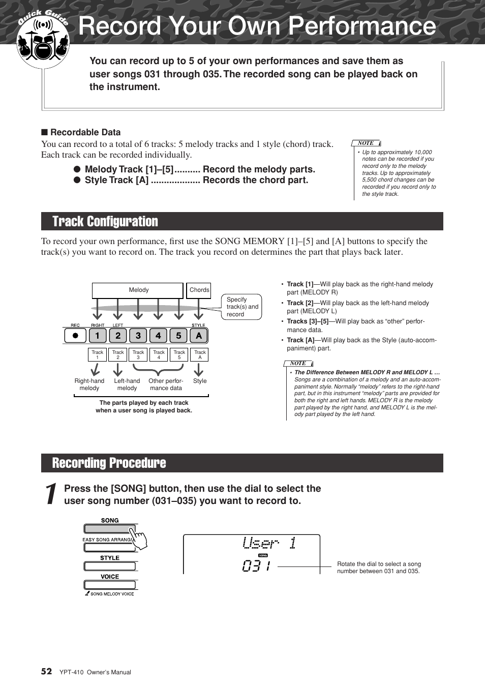 Record your own performance, Track configuration, Recording procedure | Track configuration recording procedure, User 1 | Yamaha YPT-410 User Manual | Page 52 / 127