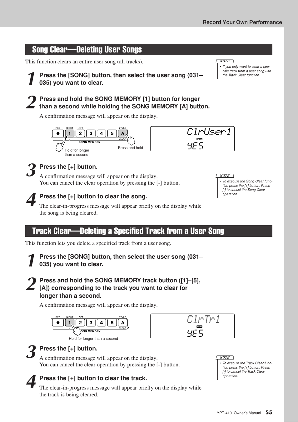 Song clear-deleting user songs, From a user song, Clruser1 | Clrtr1 | Yamaha YPT-410 User Manual | Page 55 / 127