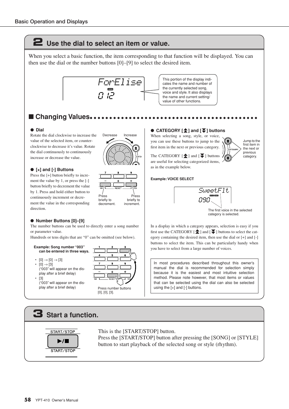 Forelise, Use the dial to select an item or value, Changing values | Start a function, Sweetflt | Yamaha YPT-410 User Manual | Page 58 / 127