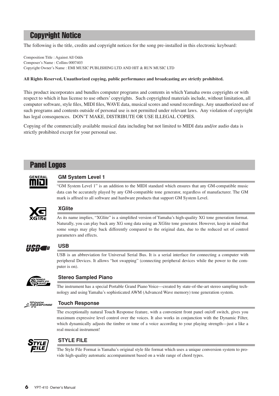 Copyright notice, Panel logos, Copyright notice panel logos | Yamaha YPT-410 User Manual | Page 6 / 127