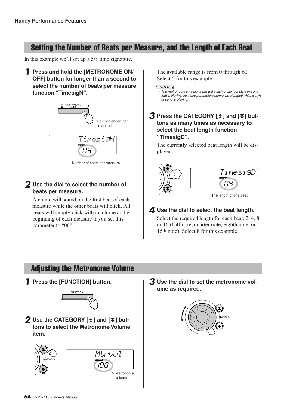 Adjusting the metronome volume, Setting the number of beats per measure, And the length of each beat | Timesign, Timesigd, Mtrvol | Yamaha YPT-410 User Manual | Page 64 / 127