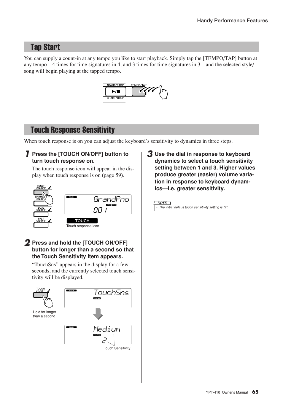 Tap start, Touch response sensitivity, Tap start touch response sensitivity | Grandpno, Touchsns, Medium | Yamaha YPT-410 User Manual | Page 65 / 127