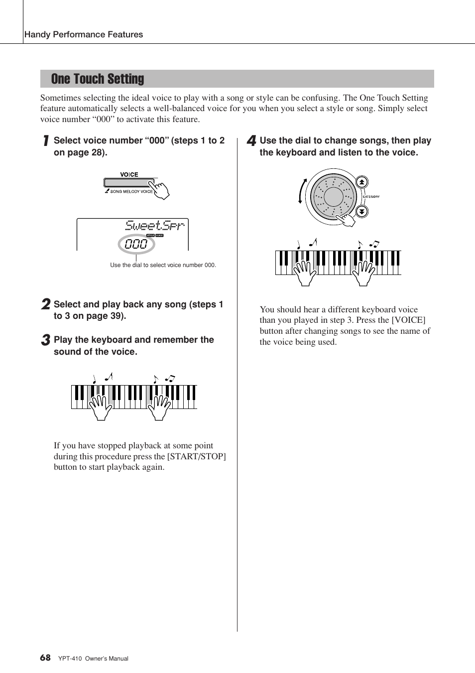 One touch setting, Sweetspr | Yamaha YPT-410 User Manual | Page 68 / 127