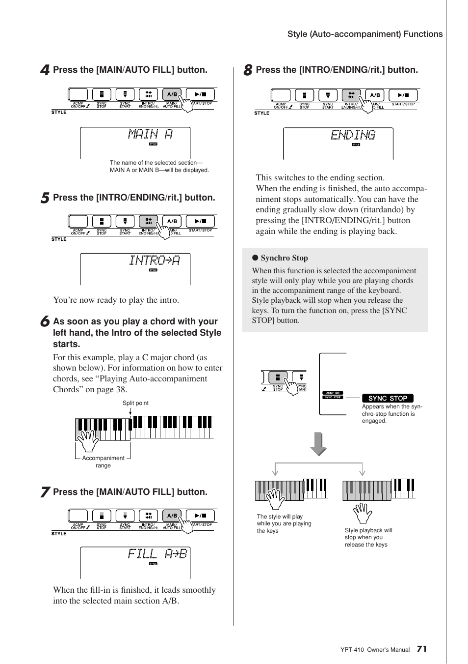 Main a, Intro≥a, Fill a≥b | Ending | Yamaha YPT-410 User Manual | Page 71 / 127