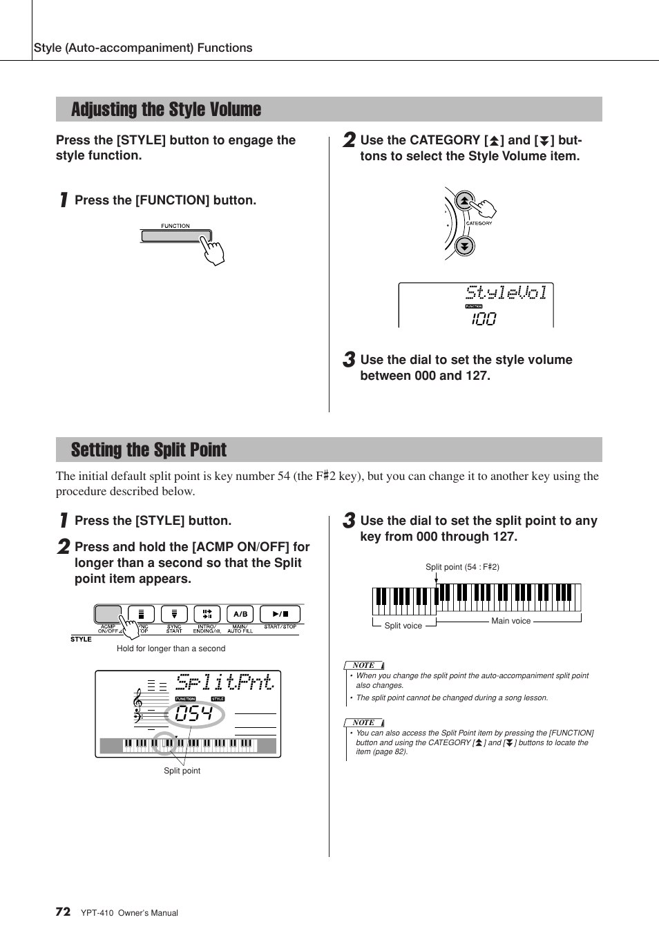 Adjusting the style volume, Setting the split point, Adjusting the style volume setting the split point | Splitpnt, Setting the split point 054, Stylevol | Yamaha YPT-410 User Manual | Page 72 / 127