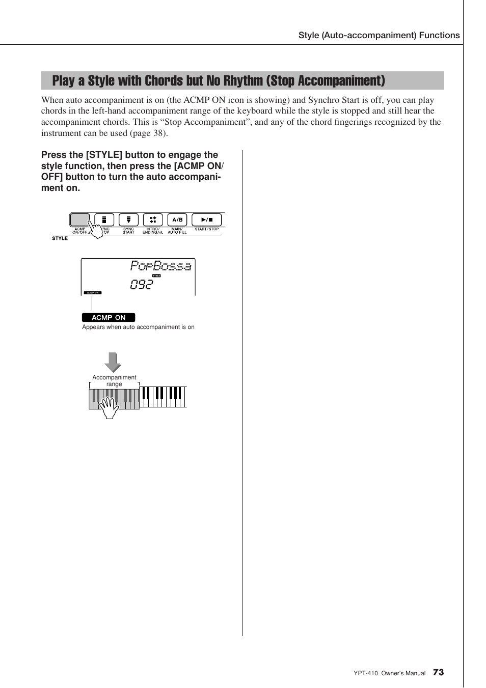 Play a style with chords but no rhythm, Stop accompaniment), Popbossa | Yamaha YPT-410 User Manual | Page 73 / 127