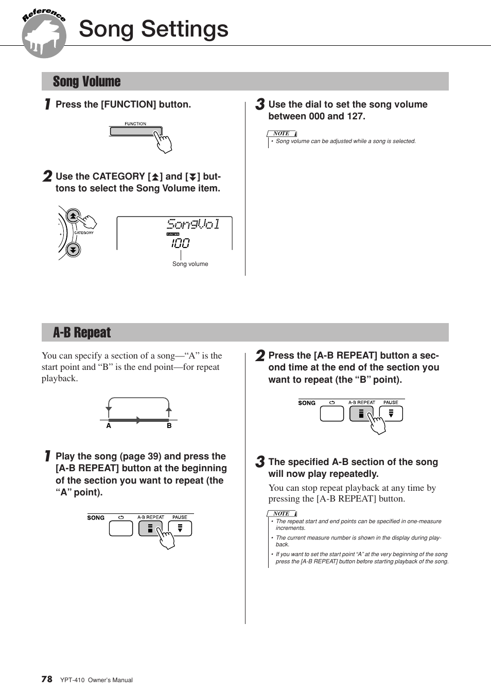 Song settings, Song volume, A-b repeat | Song volume a-b repeat, Songvol | Yamaha YPT-410 User Manual | Page 78 / 127