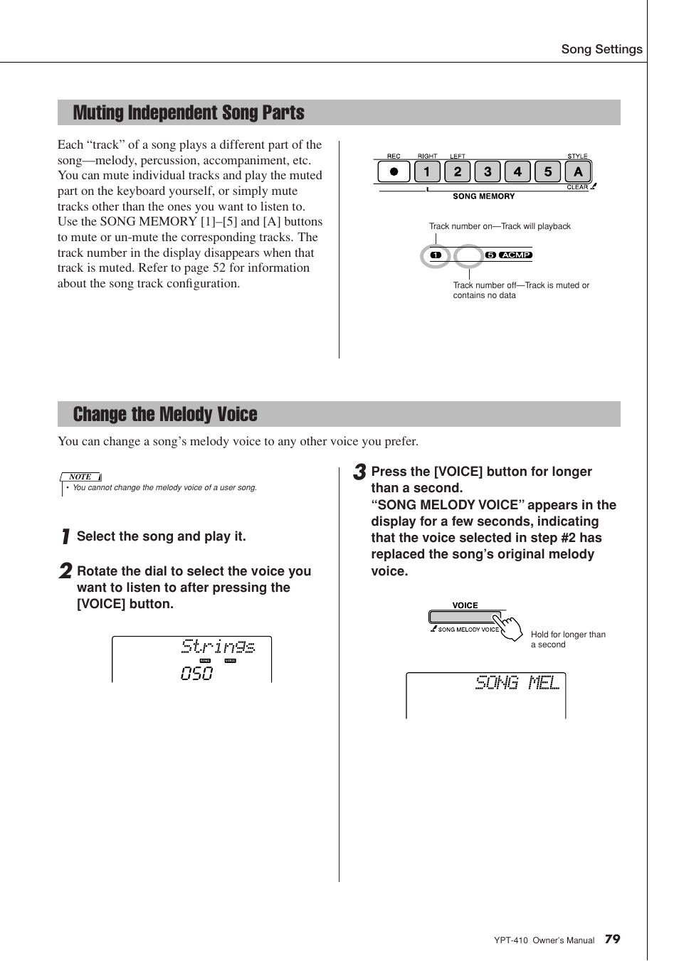 Muting independent song parts, Change the melody voice, Strings song mel | Yamaha YPT-410 User Manual | Page 79 / 127