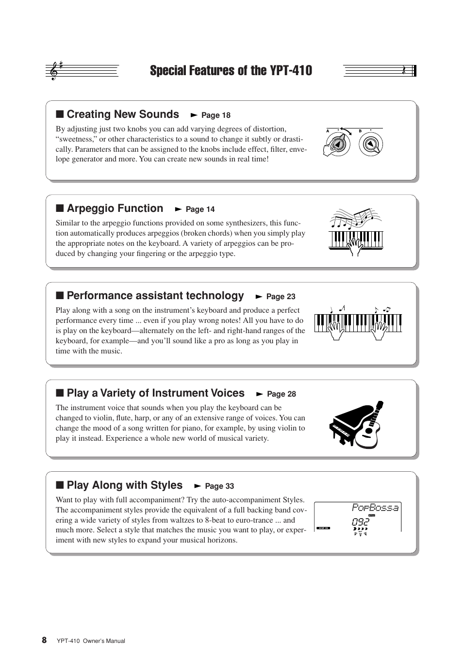Special features of the ypt-410, Creating new sounds, Arpeggio function | Performance assistant technology, Play a variety of instrument voices, Play along with styles | Yamaha YPT-410 User Manual | Page 8 / 127