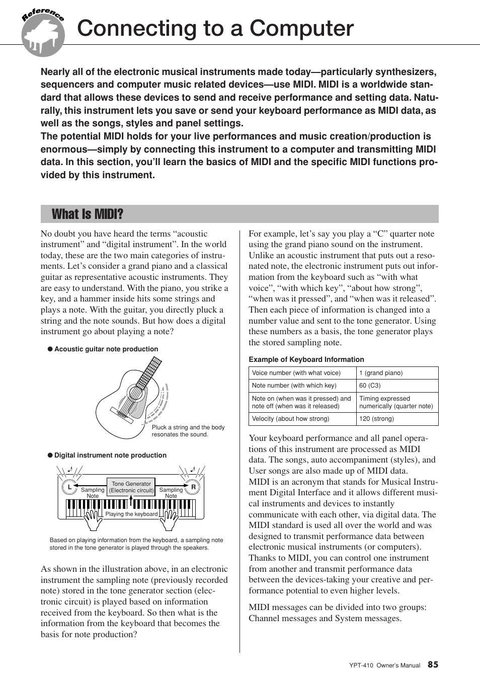 Connecting to a computer, What is midi | Yamaha YPT-410 User Manual | Page 85 / 127