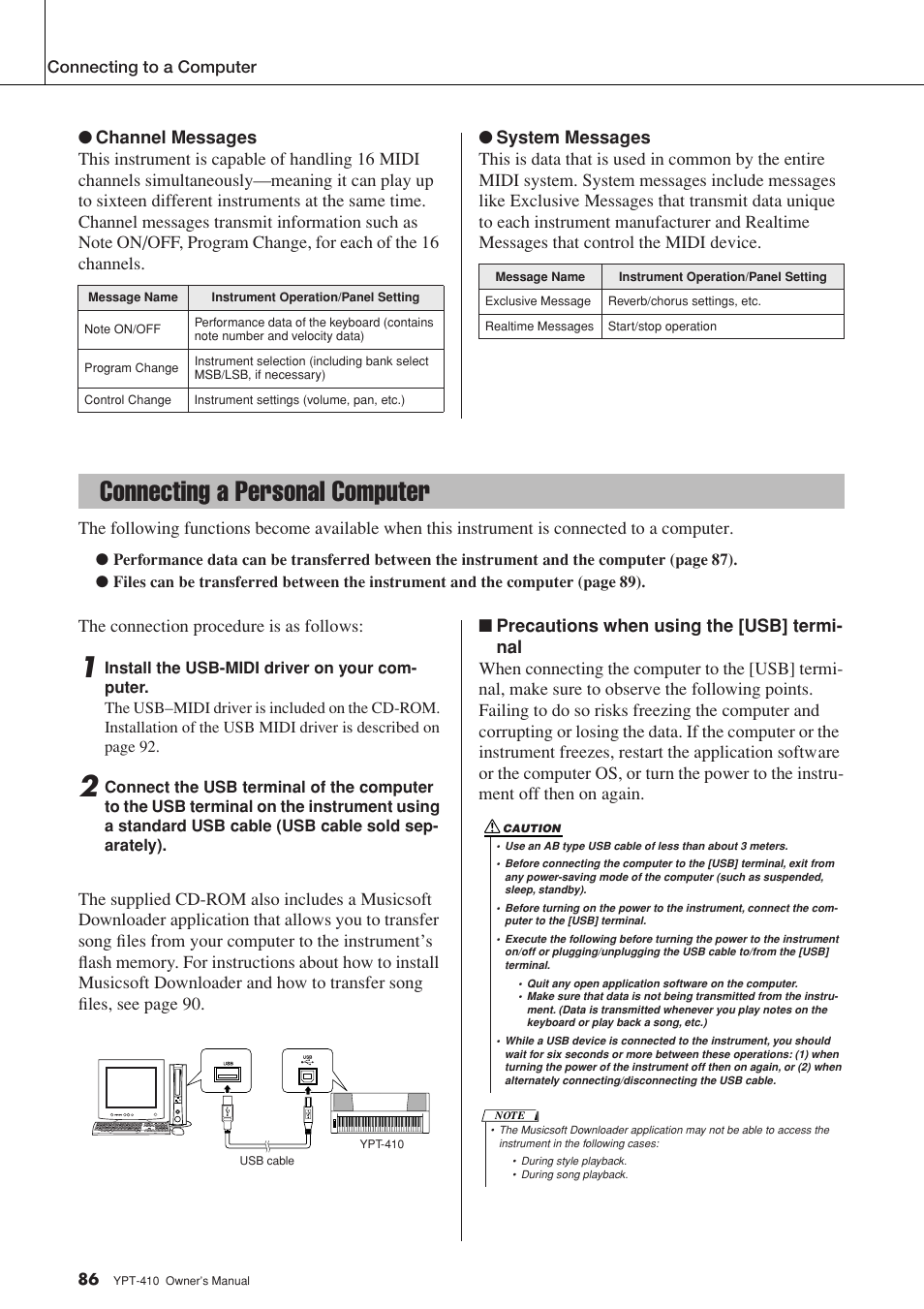 Connecting a personal computer, The connection procedure is as follows | Yamaha YPT-410 User Manual | Page 86 / 127