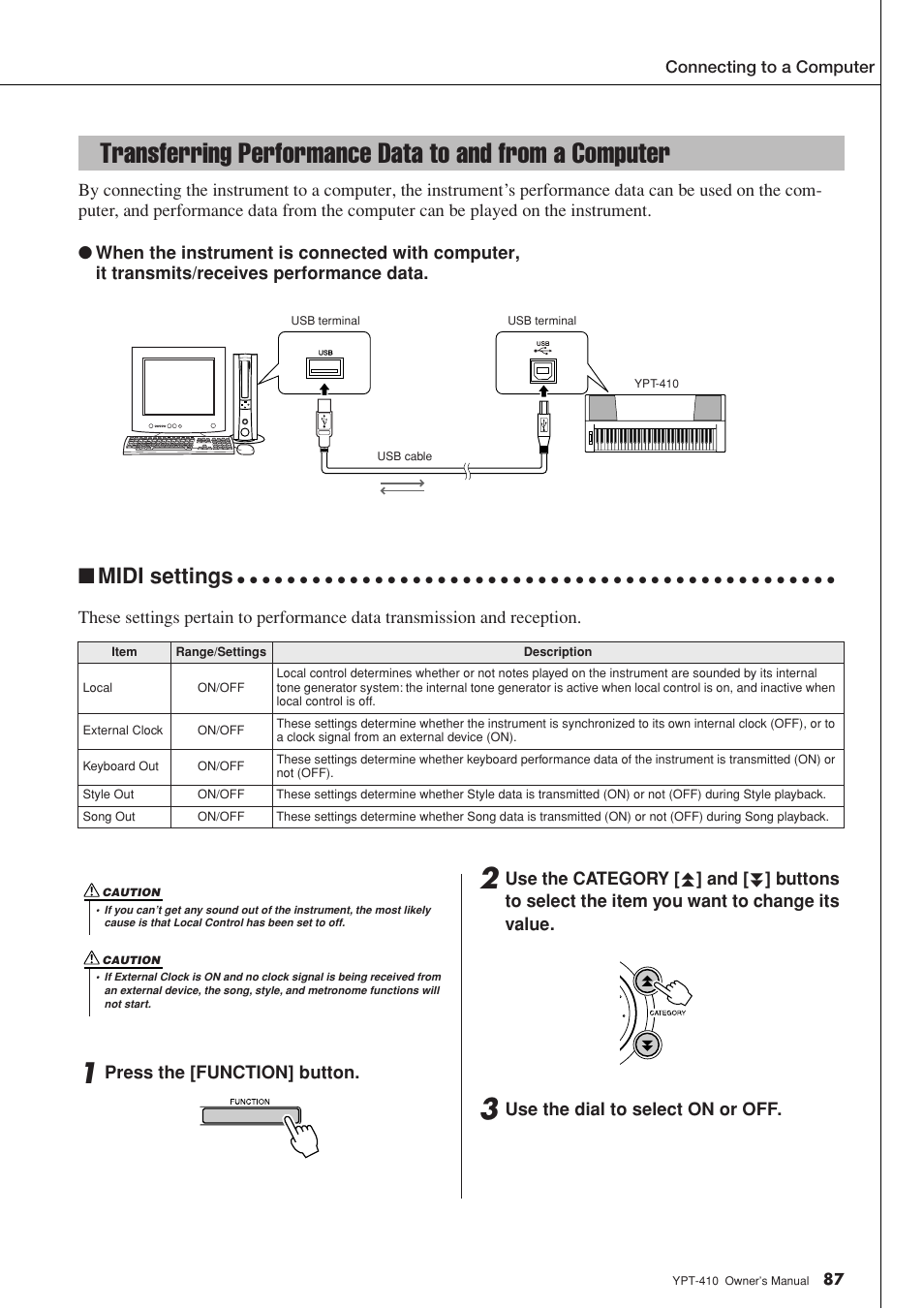 Midi settings | Yamaha YPT-410 User Manual | Page 87 / 127