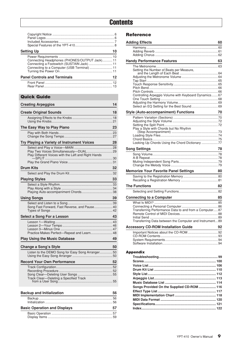 Yamaha YPT-410 User Manual | Page 9 / 127