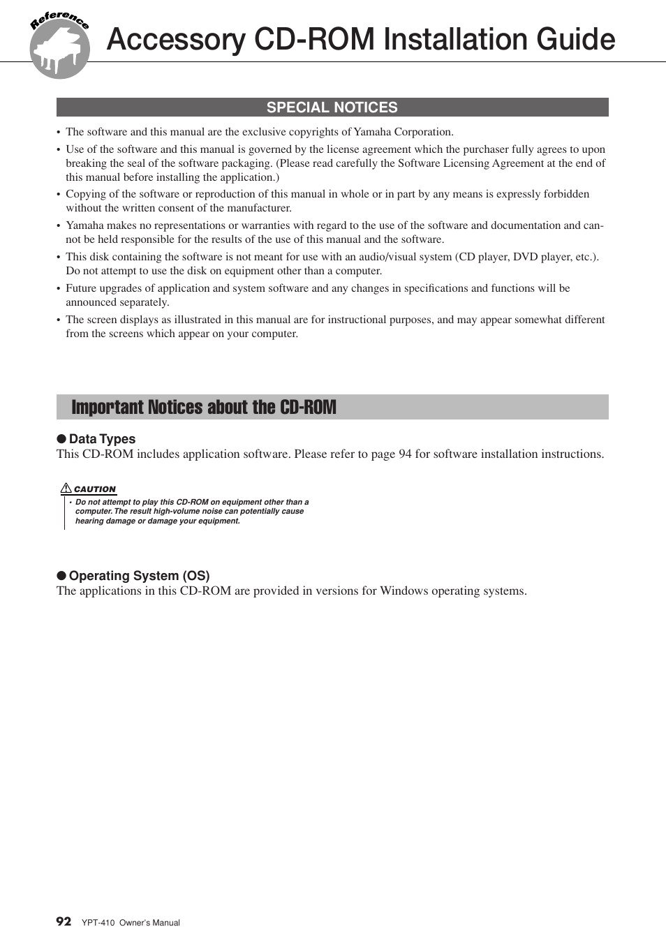 Accessory cd-rom installation guide, Important notices about the cd-rom | Yamaha YPT-410 User Manual | Page 92 / 127
