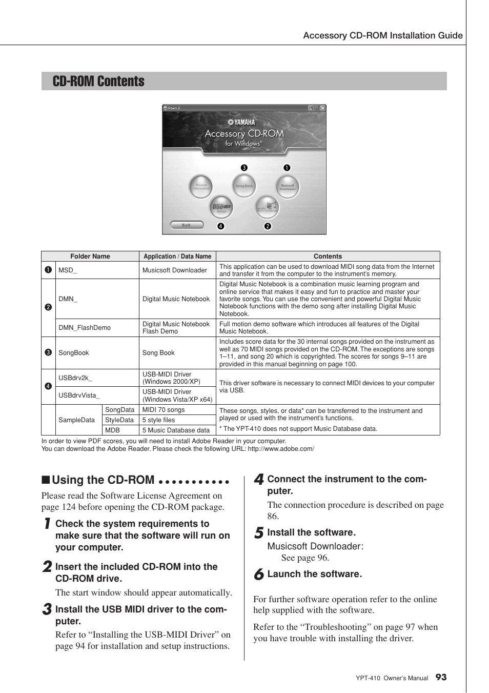 Cd-rom contents, Using the cd-rom | Yamaha YPT-410 User Manual | Page 93 / 127