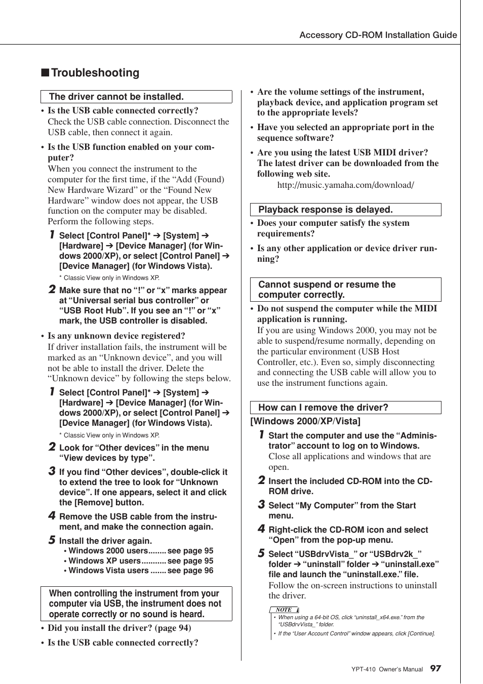 Troubleshooting | Yamaha YPT-410 User Manual | Page 97 / 127