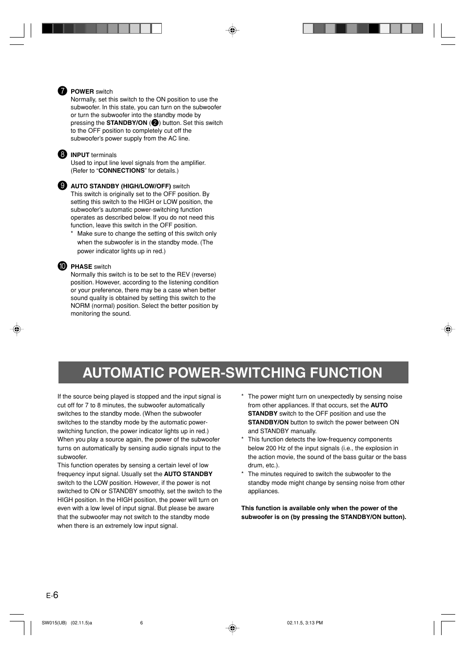 Automatic power-switching function | Yamaha YST-SW015 User Manual | Page 10 / 16