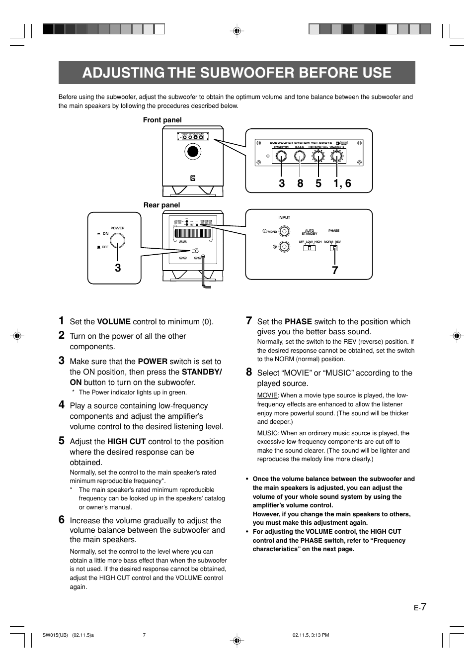 Adjusting the subwoofer before use, English | Yamaha YST-SW015 User Manual | Page 11 / 16