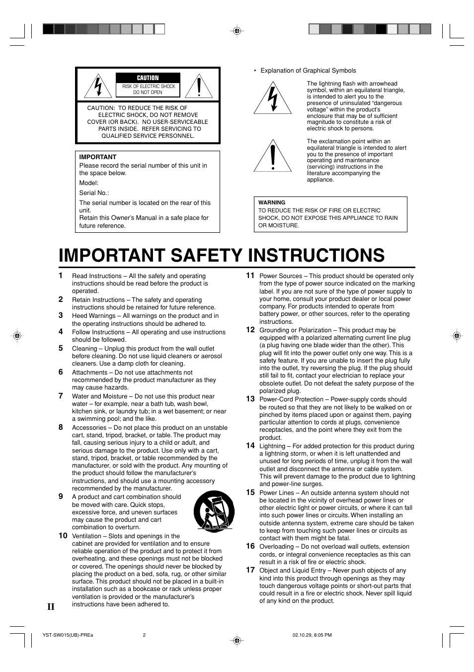 Important safety instructions | Yamaha YST-SW015 User Manual | Page 2 / 16