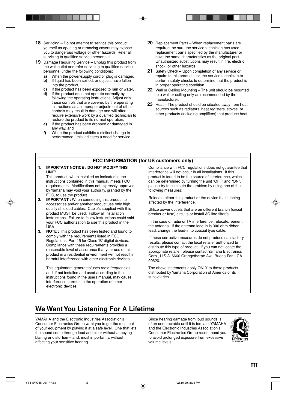 We want you listening for a lifetime | Yamaha YST-SW015 User Manual | Page 3 / 16