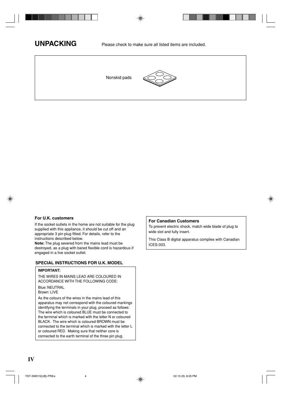 Unpacking | Yamaha YST-SW015 User Manual | Page 4 / 16