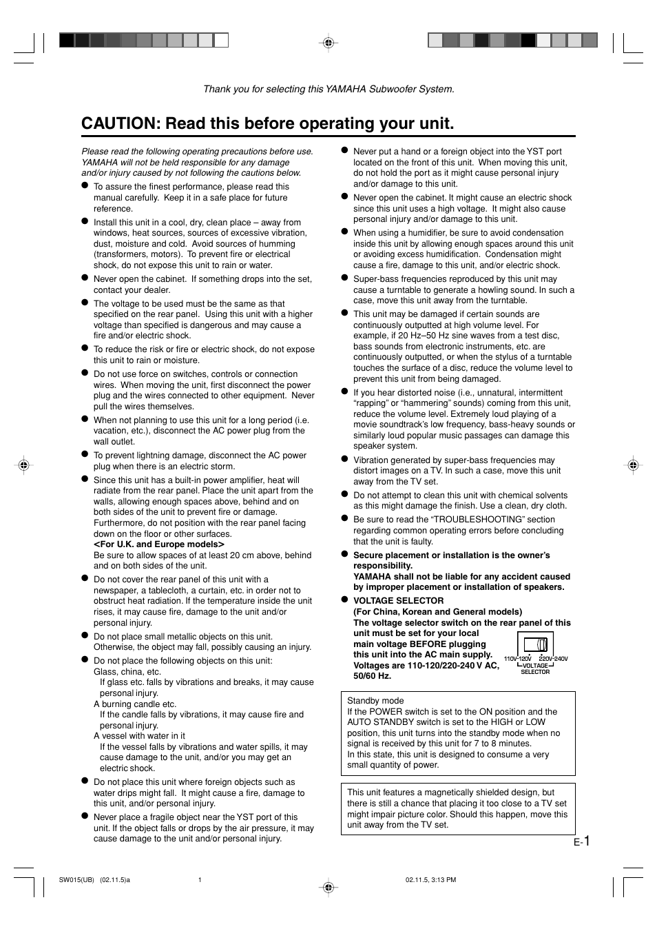 Caution, Caution: read this before operating your unit | Yamaha YST-SW015 User Manual | Page 5 / 16