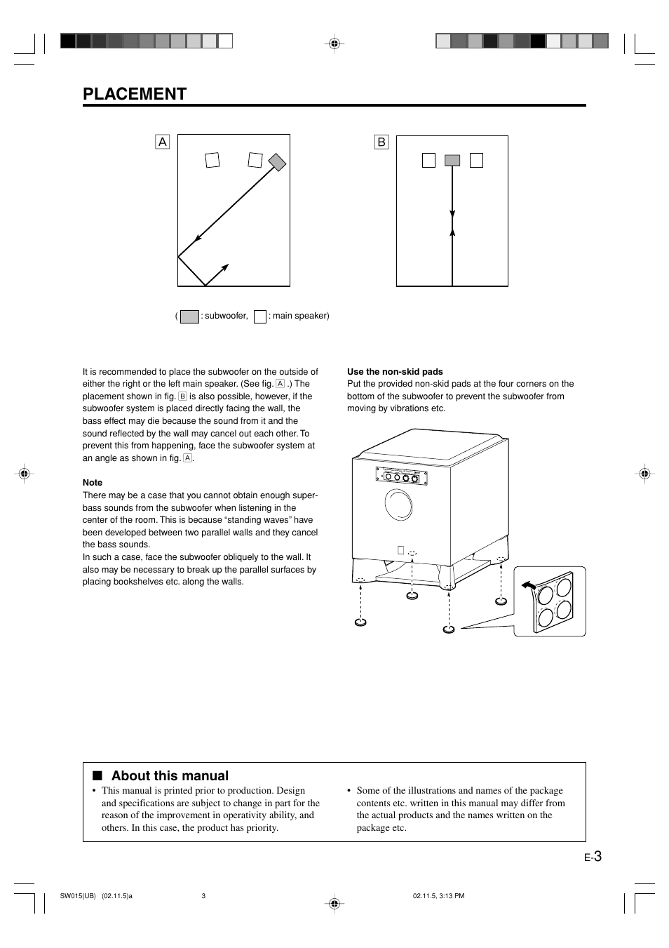 Placement, About this manual | Yamaha YST-SW015 User Manual | Page 7 / 16