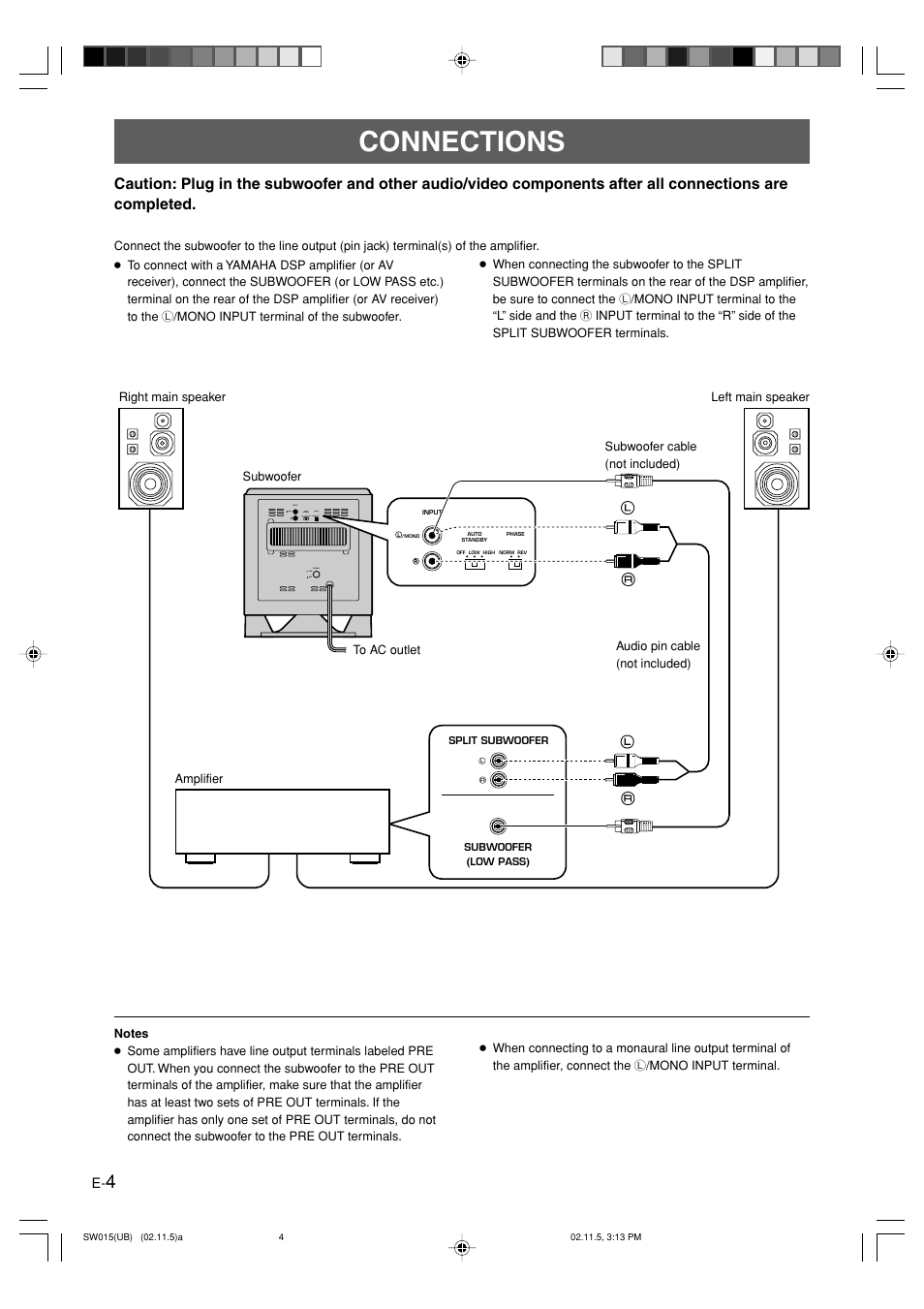 Connections | Yamaha YST-SW015 User Manual | Page 8 / 16
