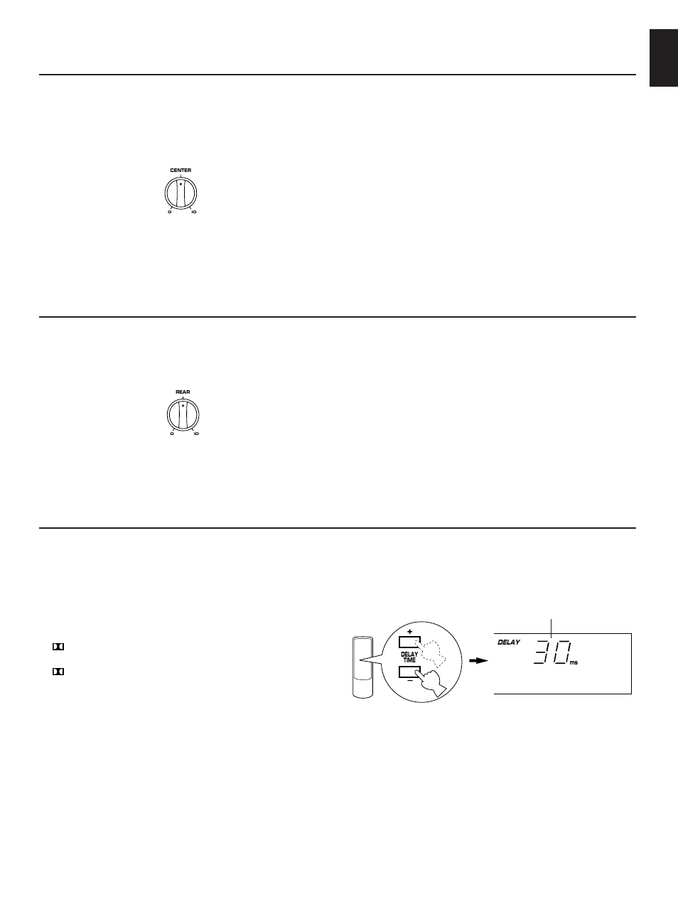 Adjustment of the rear level, Adjustment of the center level, Adjustment of delay time | English | Yamaha RX-V480 User Manual | Page 23 / 29