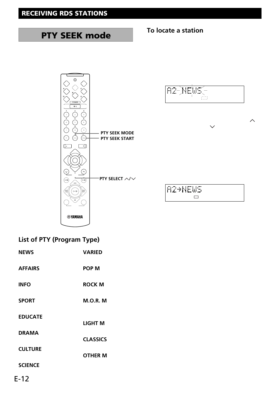 Pty seek mode, E-12, Receiving rds stations | List of pty (program type), News, Affairs, Info, Sport, Educate, Drama | Yamaha RL RX-E100 User Manual | Page 14 / 31