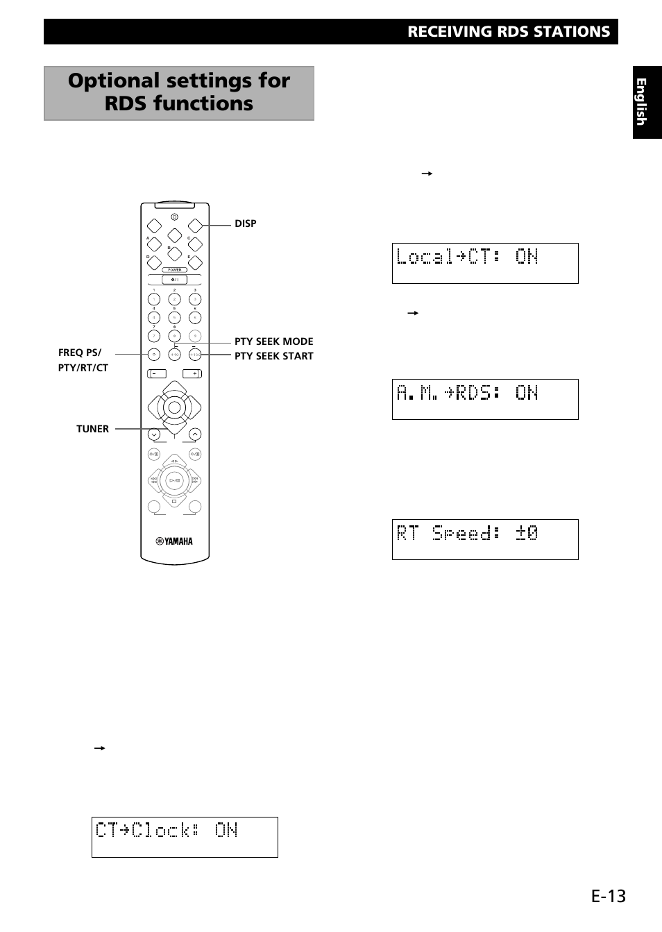 Optional settings for rds functions, E-13, Playing cds getting started receiving rds stations | English | Yamaha RL RX-E100 User Manual | Page 15 / 31