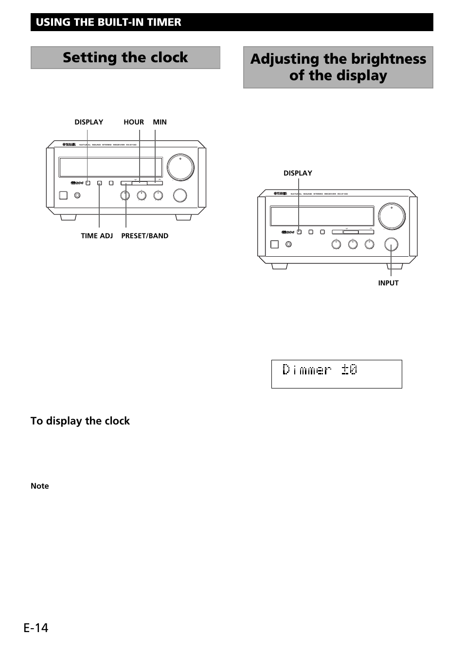 Using the built-in timer, Setting the clock, Adjusting the brightness of the display | E-14 | Yamaha RL RX-E100 User Manual | Page 16 / 31