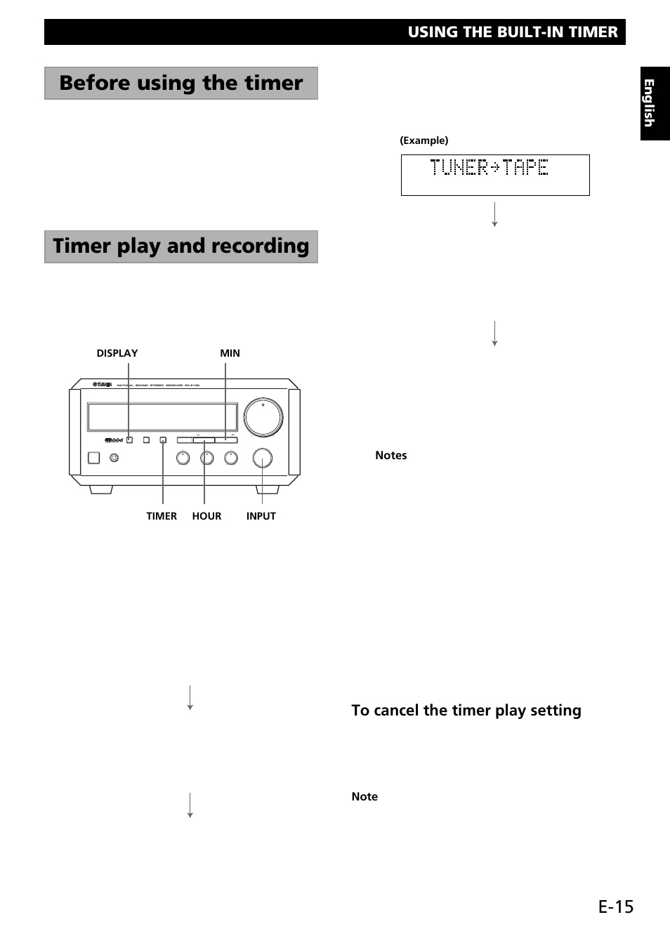 Before using the timer, Timer play and recording, E-15 | Using the built-in timer, English | Yamaha RL RX-E100 User Manual | Page 17 / 31