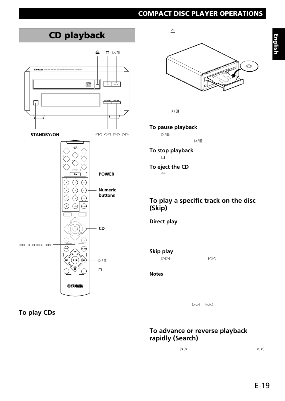 Compact disc player operations, Cd playback, E-19 | Compact disc player operations to play cds 1, English, Direct play, Skip play | Yamaha RL RX-E100 User Manual | Page 21 / 31