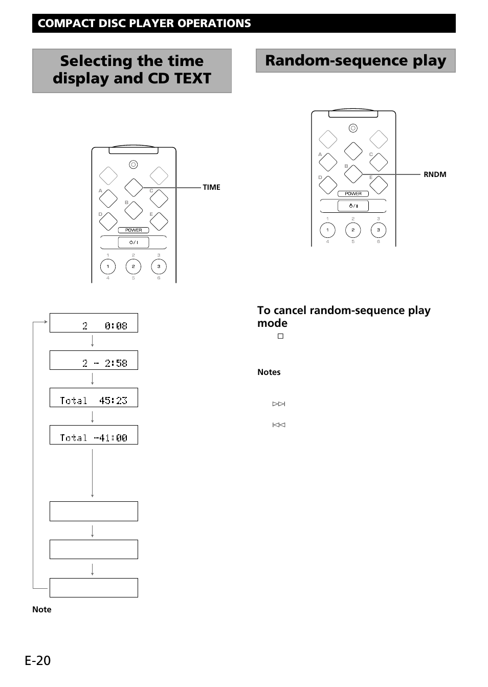 Selecting the time display and cd text, Random-sequence play, E-20 | Compact disc player operations | Yamaha RL RX-E100 User Manual | Page 22 / 31