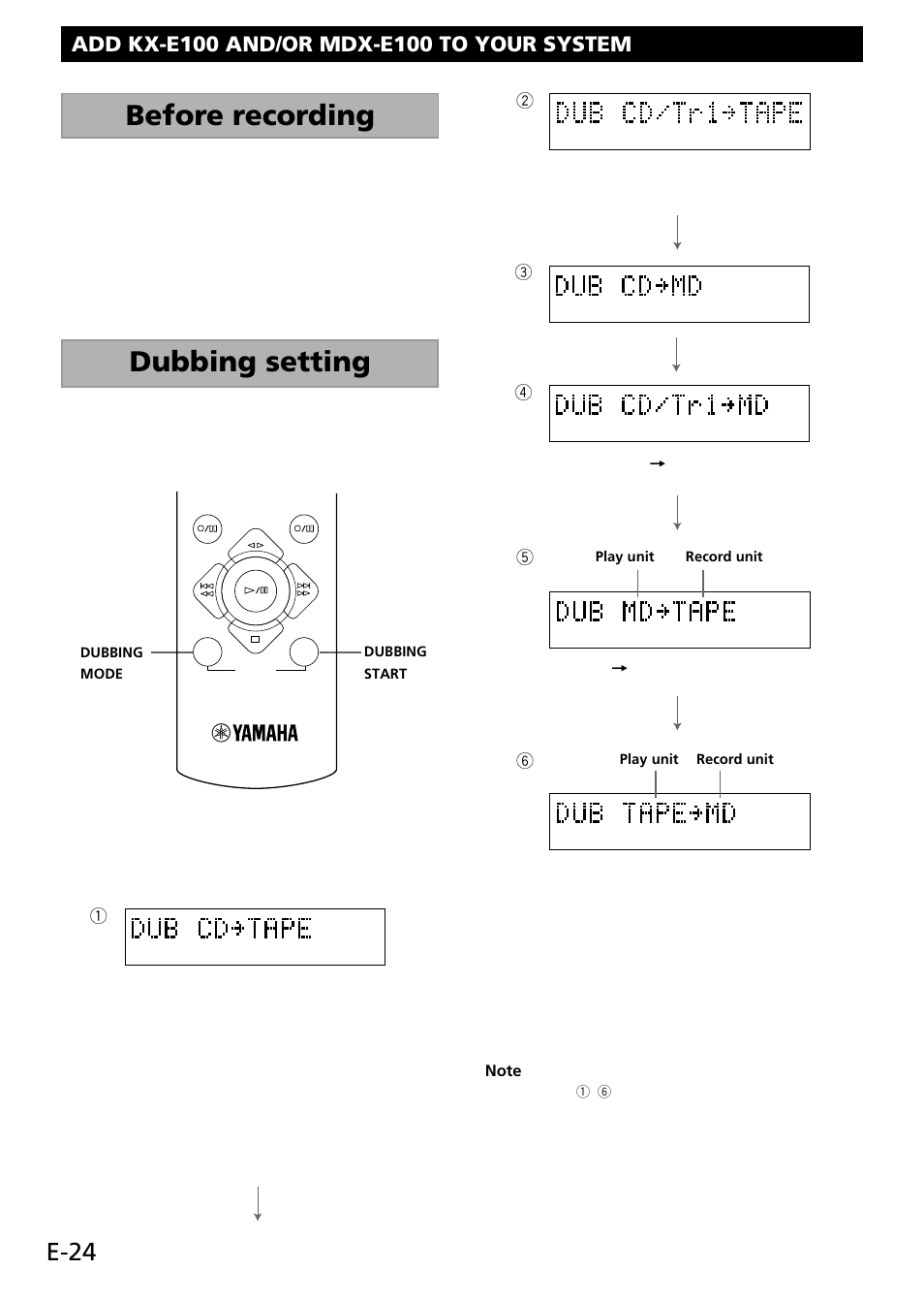 Before recording 2, Dubbing setting, Before recording | E-24 | Yamaha RL RX-E100 User Manual | Page 26 / 31