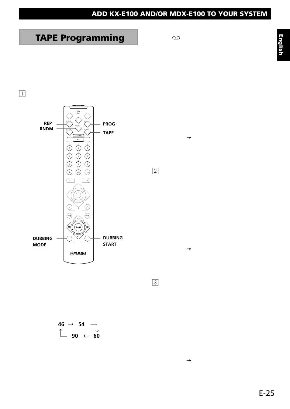 Tape programming, E-25, 1 manual tape programming | 2 automatic tape programming 1, 3 random tape programming 1, English | Yamaha RL RX-E100 User Manual | Page 27 / 31