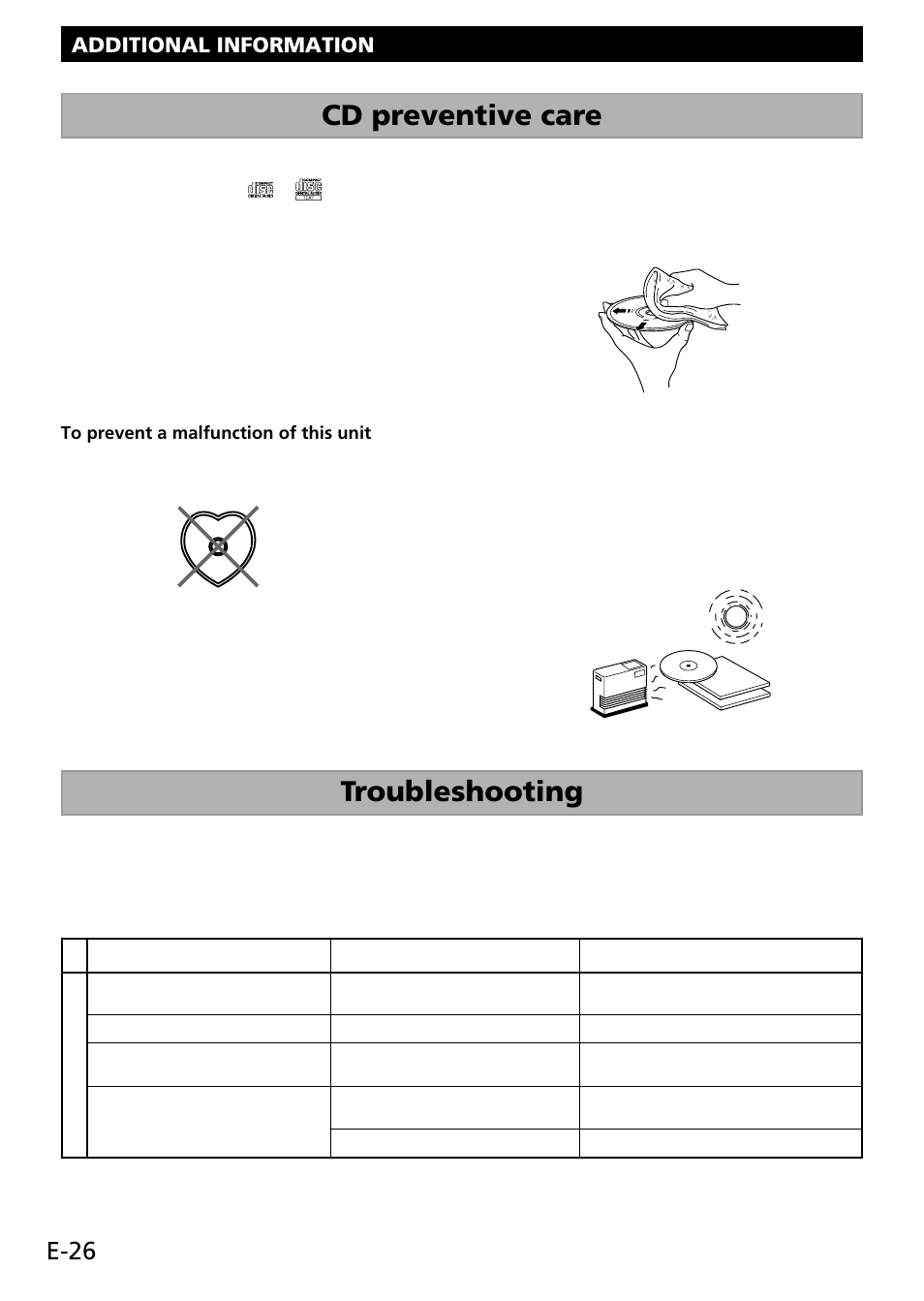 Additional information, Cd preventive care, Troubleshooting | E-26 | Yamaha RL RX-E100 User Manual | Page 28 / 31