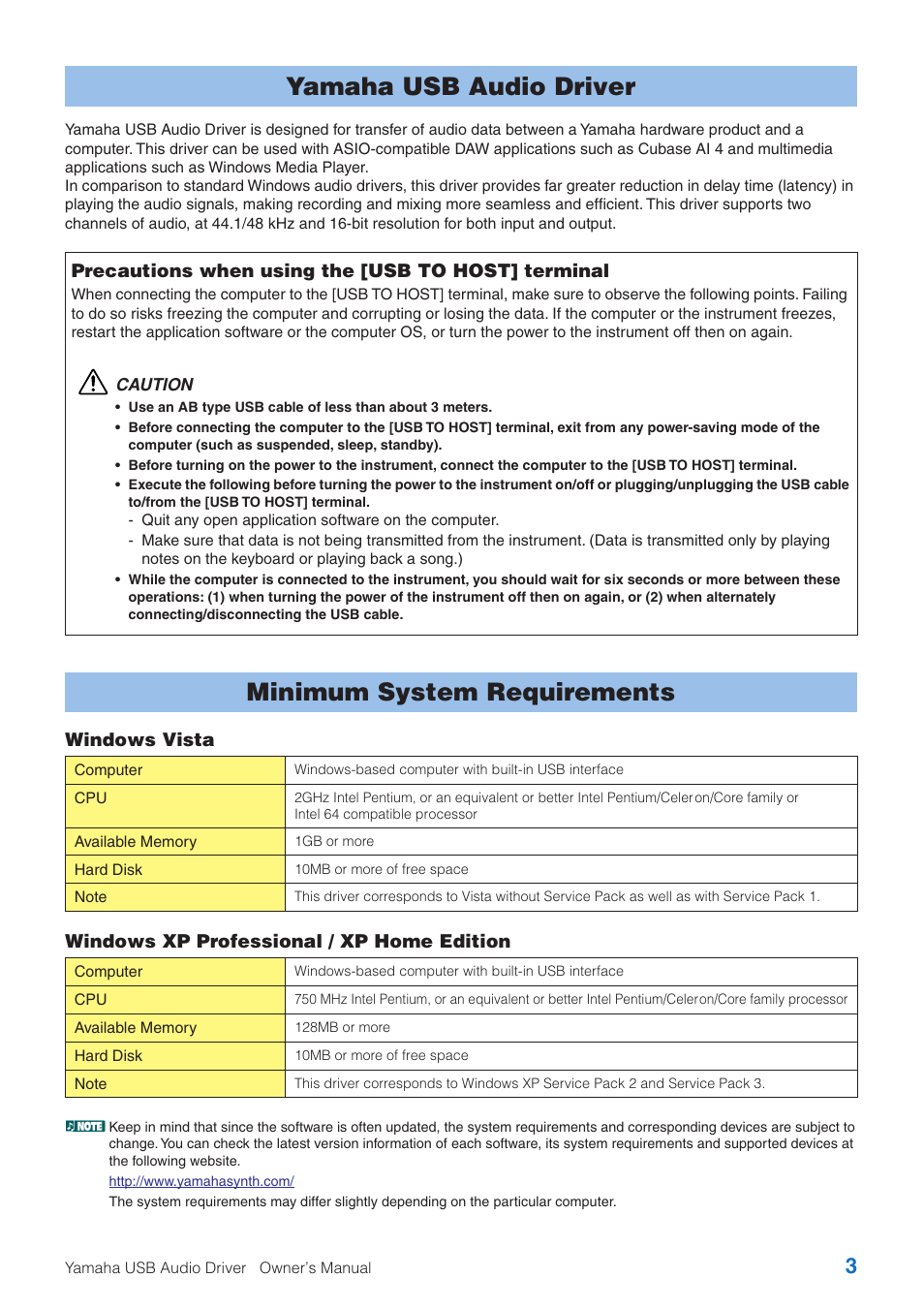 Yamaha usb audio driver, Minimum system requirements | Yamaha USB Audio Driver User Manual | Page 3 / 9