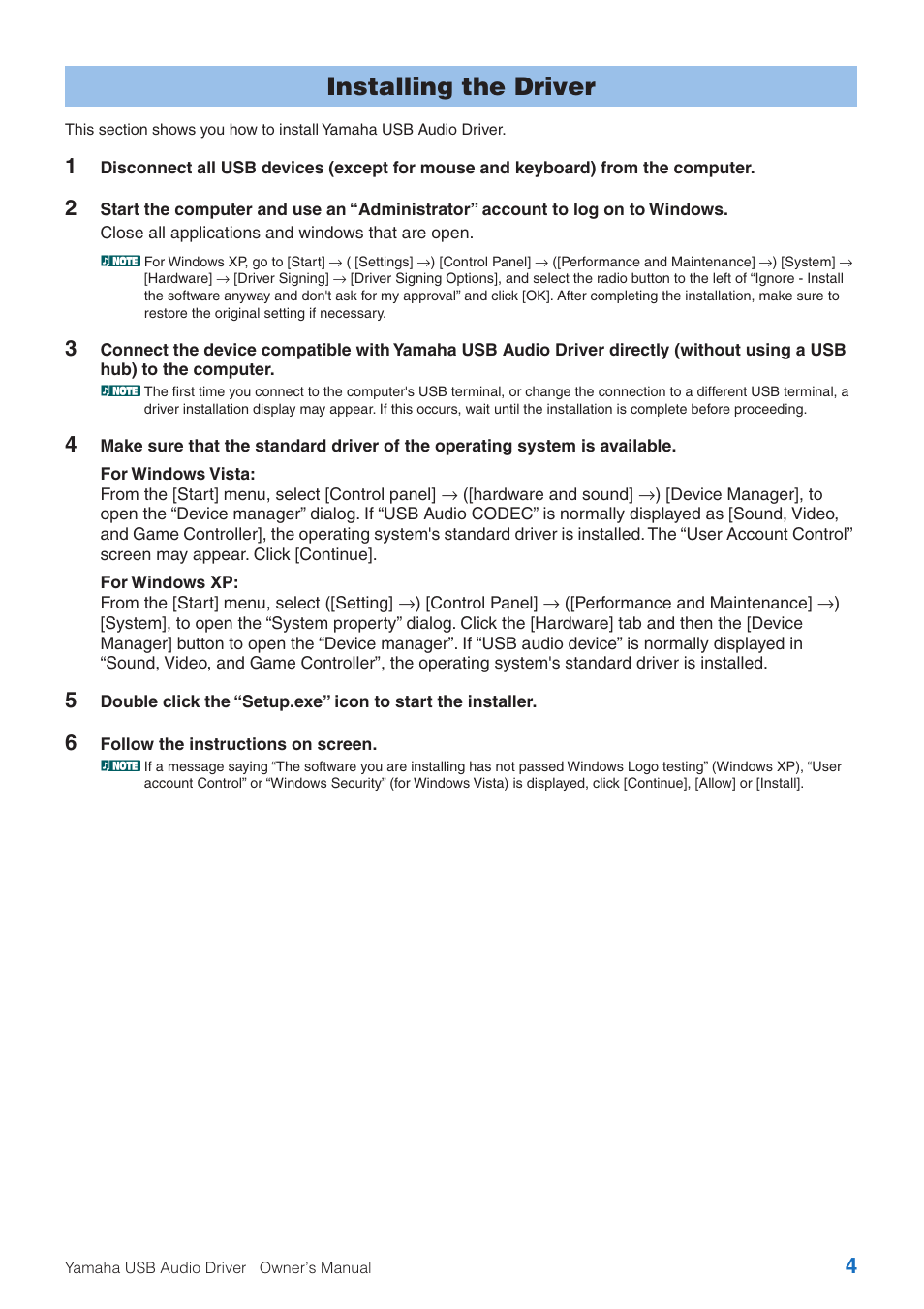 Installing the driver | Yamaha USB Audio Driver User Manual | Page 4 / 9