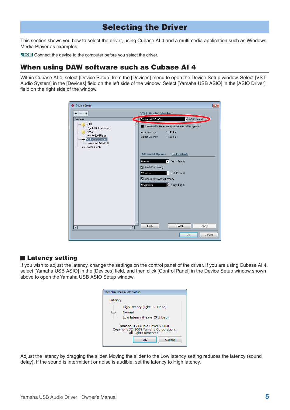 Selecting the driver, When using daw software such as cubase ai 4 | Yamaha USB Audio Driver User Manual | Page 5 / 9