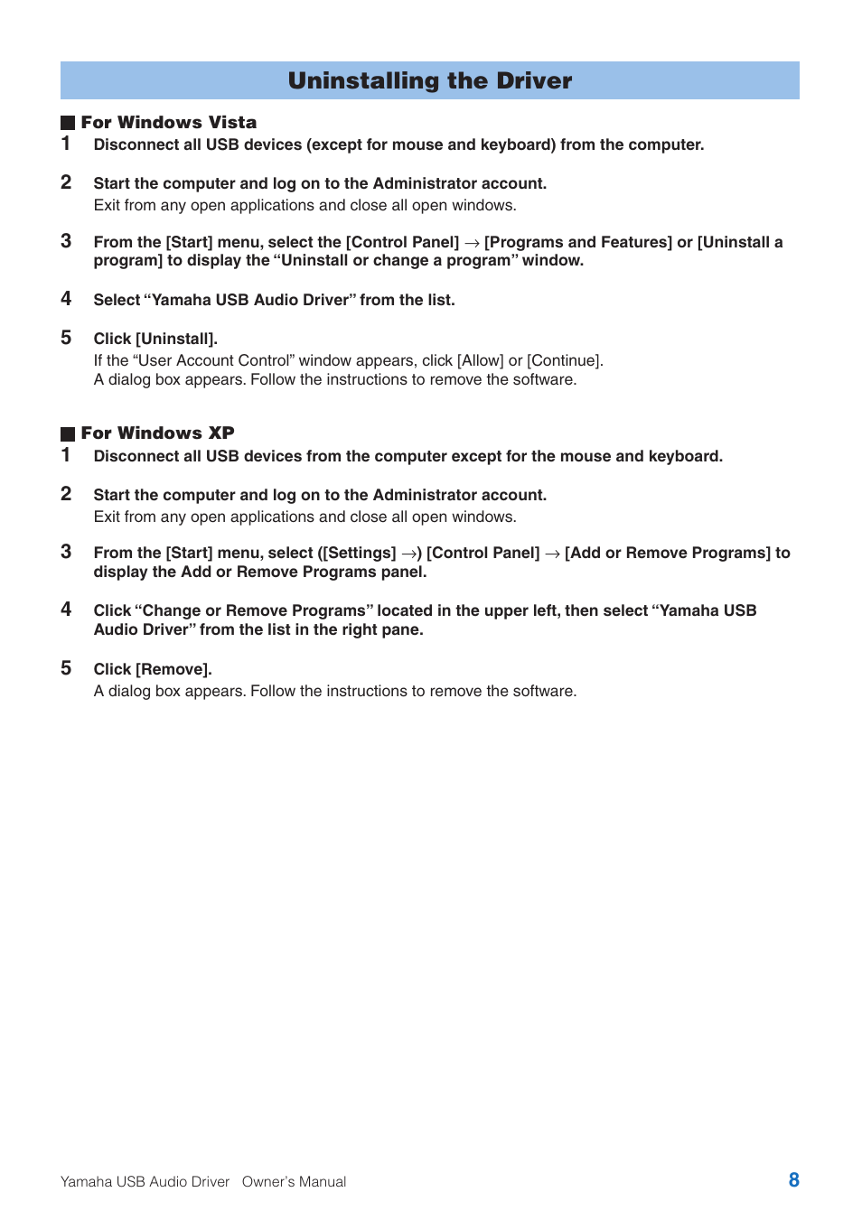 Uninstalling the driver | Yamaha USB Audio Driver User Manual | Page 8 / 9