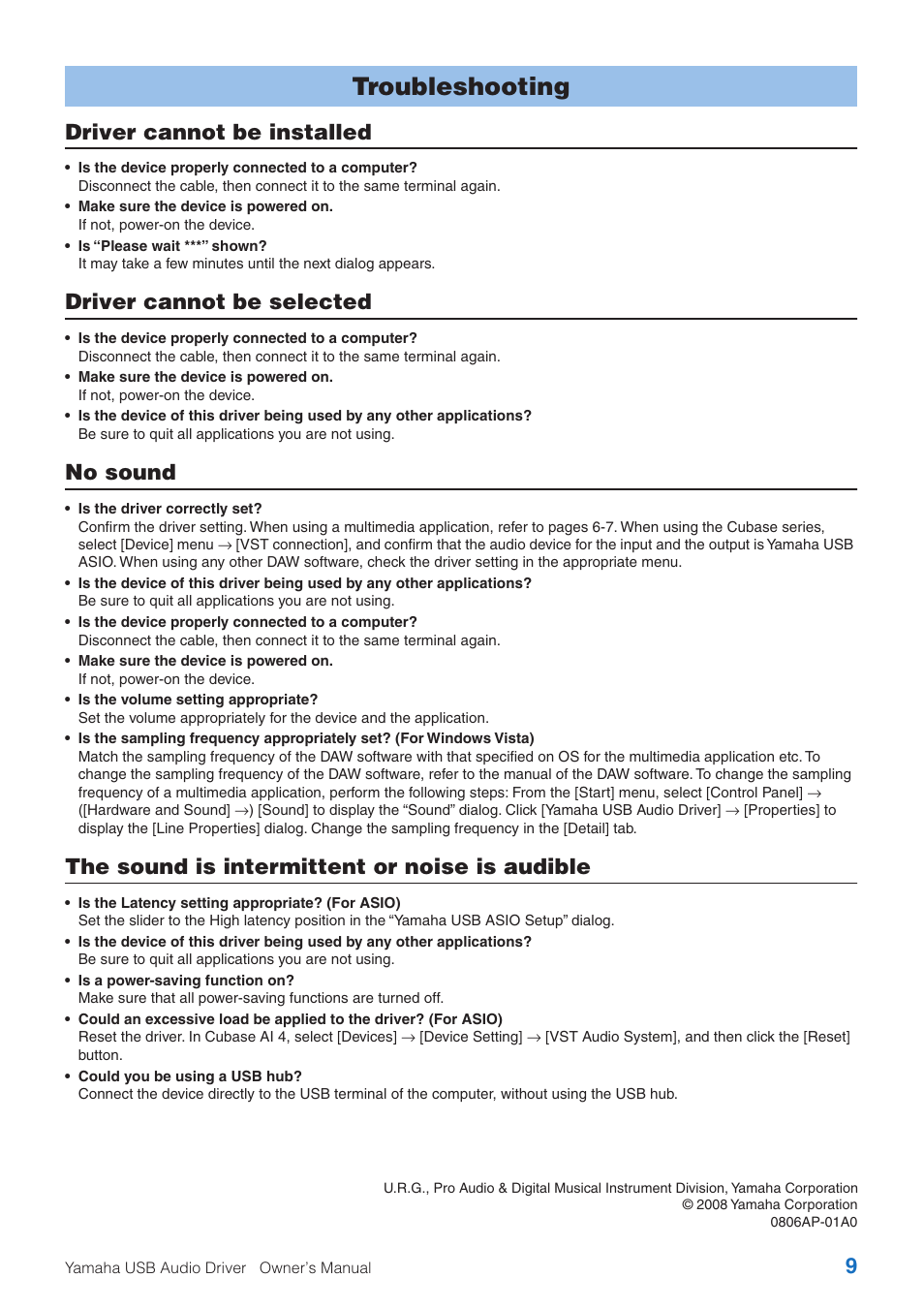 Troubleshooting, Driver cannot be installed, Driver cannot be selected | No sound, The sound is intermittent or noise is audible, 9driver cannot be installed | Yamaha USB Audio Driver User Manual | Page 9 / 9